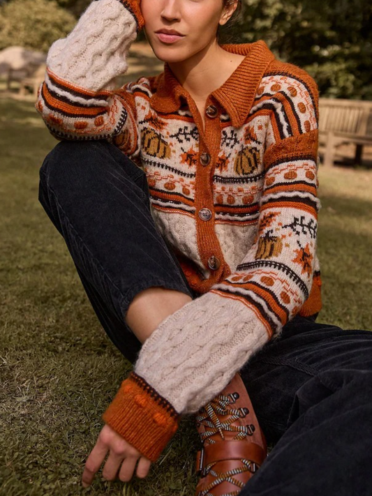 Orange Cable Knit Collar Cardigan With Wool