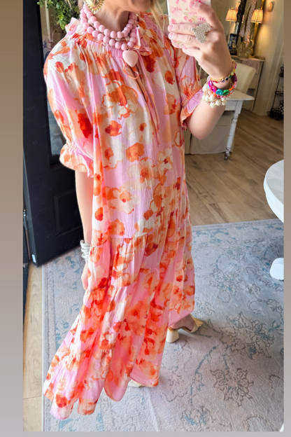 Pink Floral Printed Peach Blossom Midi Dress
