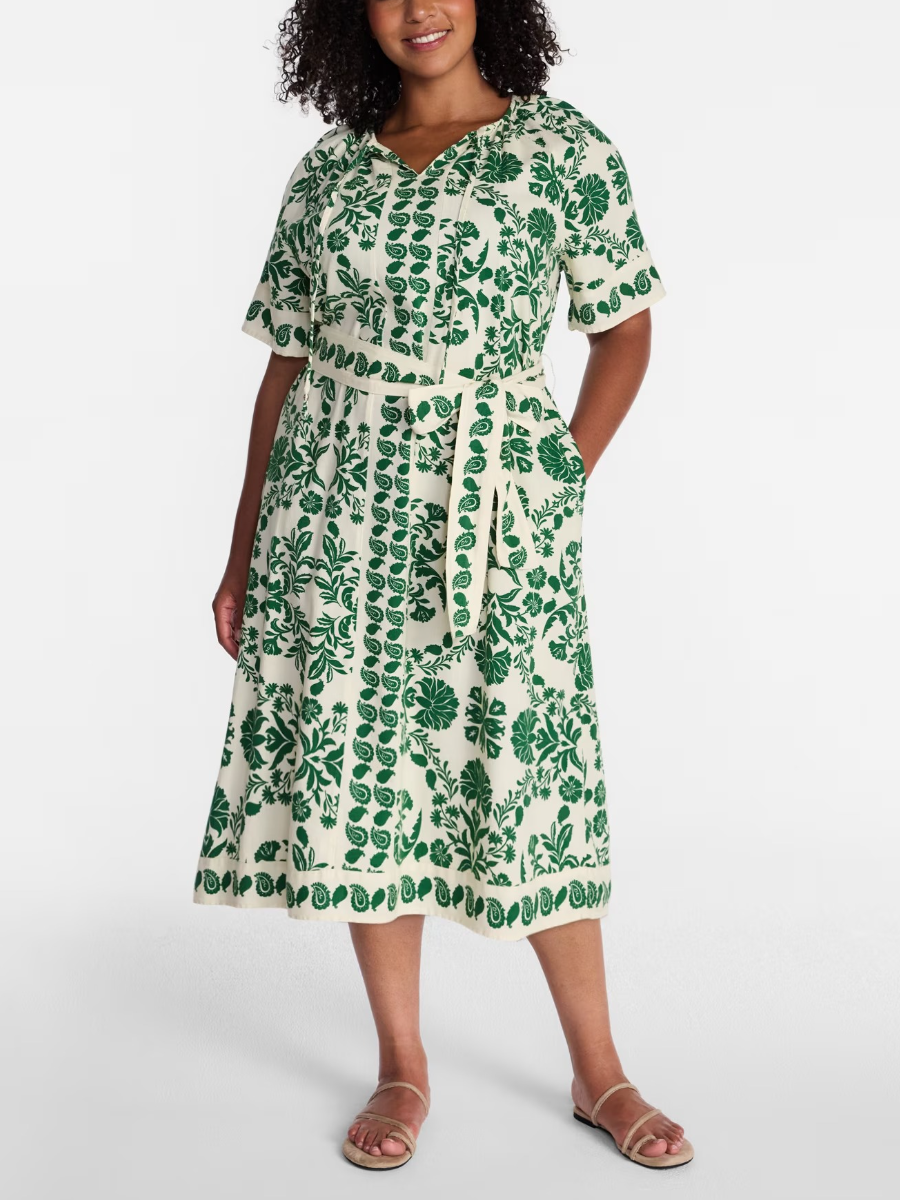 Border Print Linen Blend Midi Dress