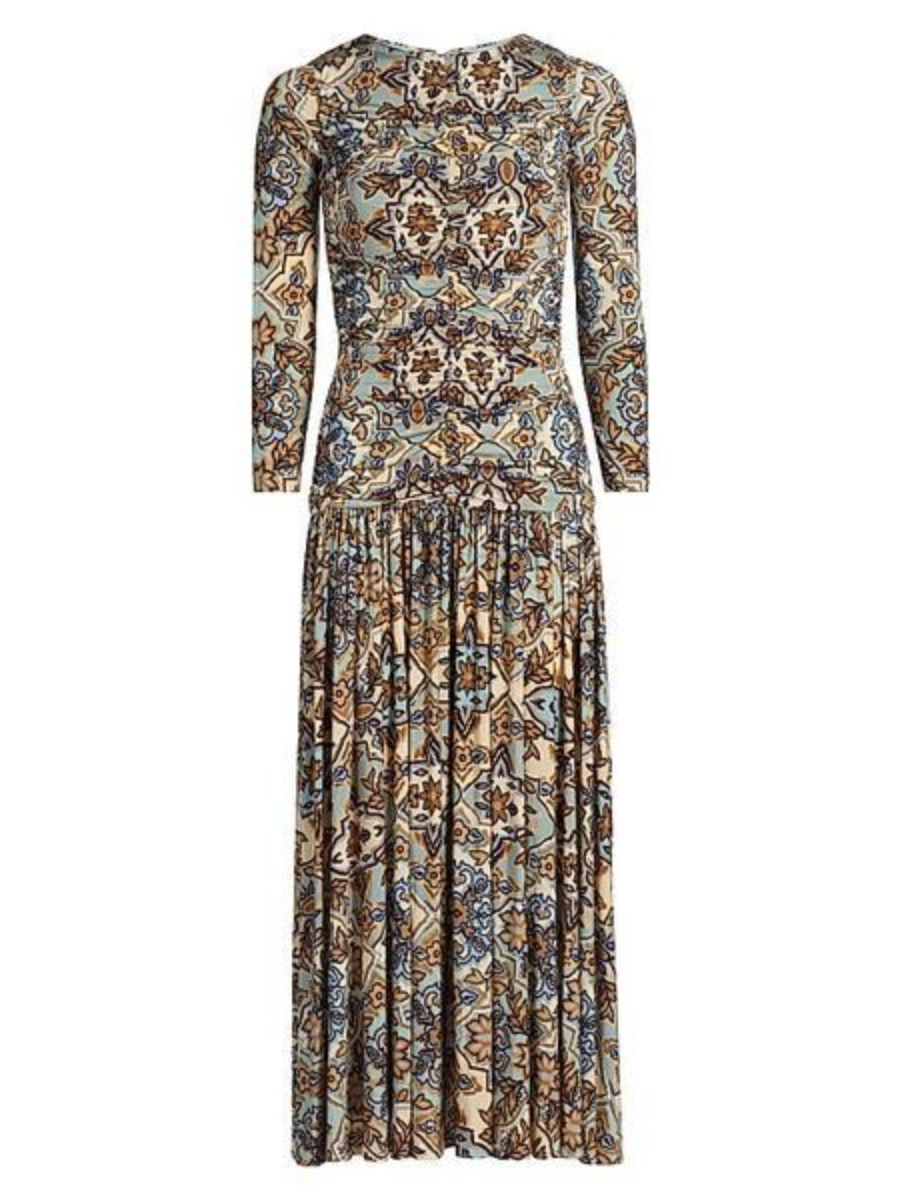 Blue Winter Tapestry Long Sleeve Maxi Dress
