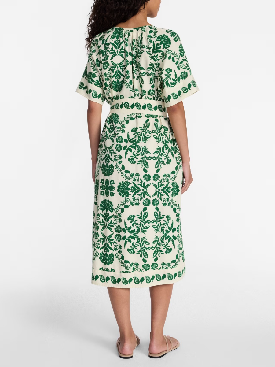 Border Print Linen Blend Midi Dress