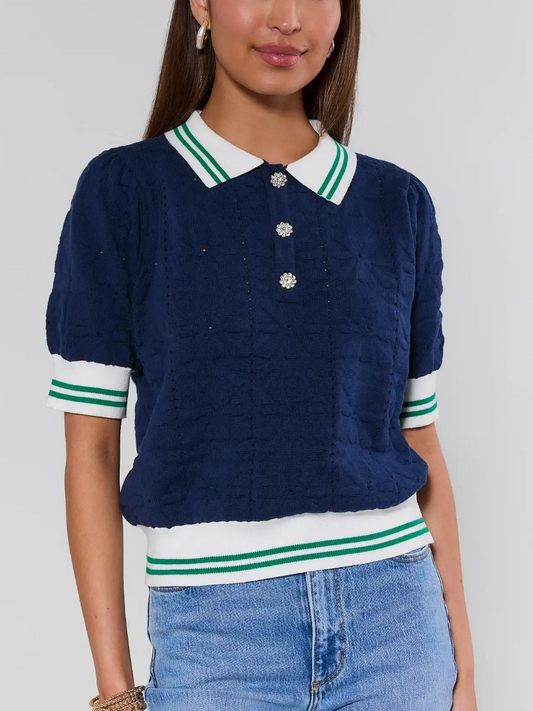 Navy Striped Trim Polo Top