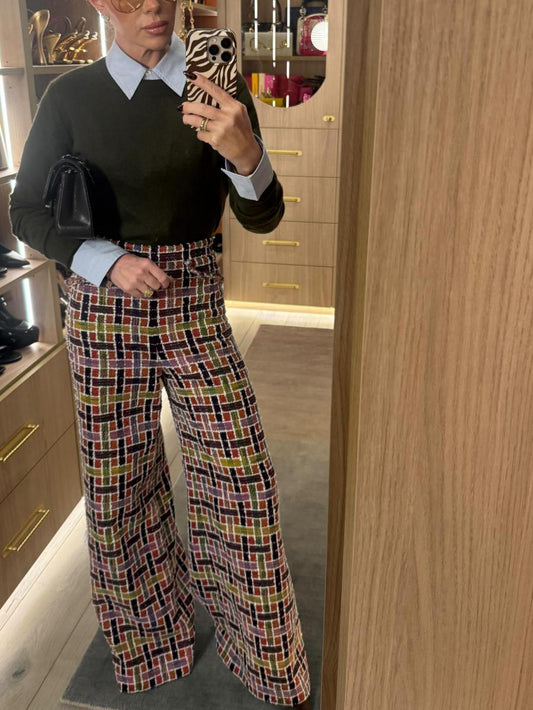 Check Tweed Cotton-blend High-waist Wide-leg Trousers