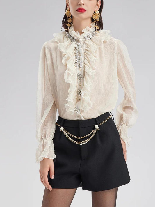 Ruffled Stand Collar Beaded Shirt