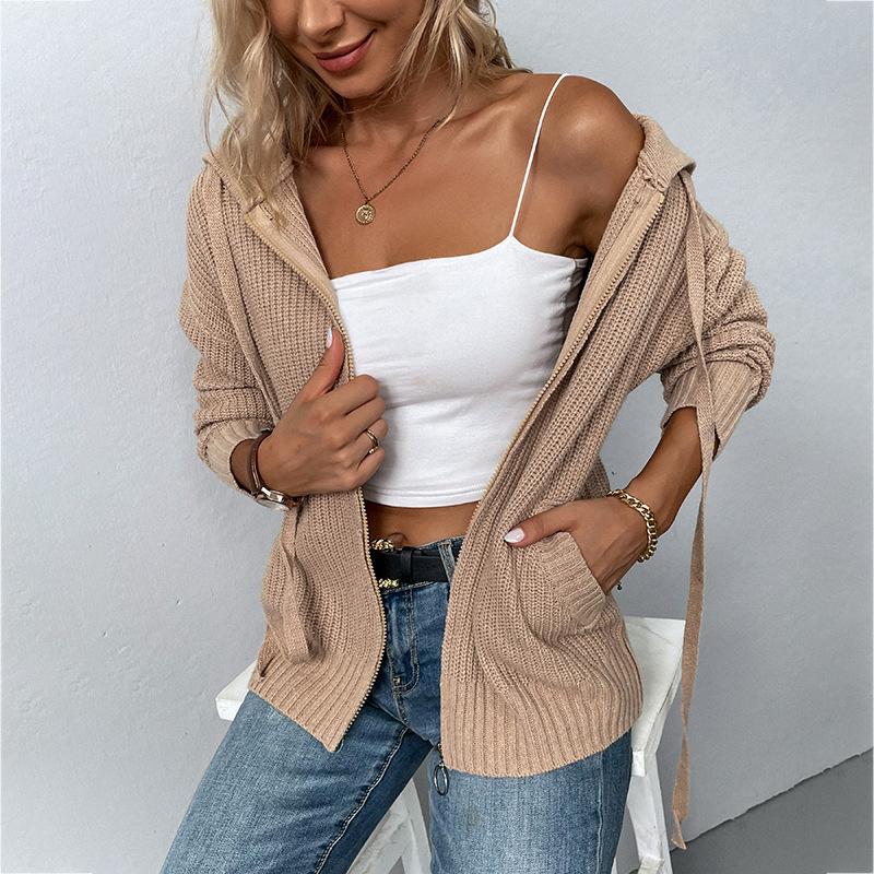 Solid Color Hooded Knit Cardigan