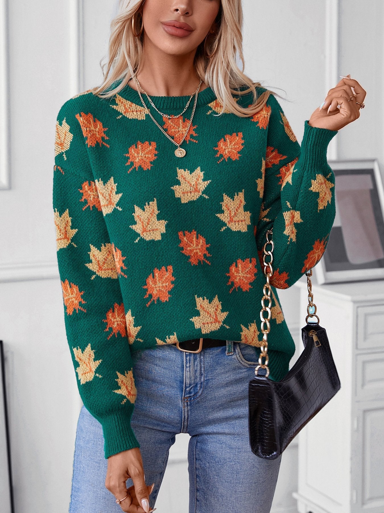 Maple Leaf Pattern Casual Knit Sweater