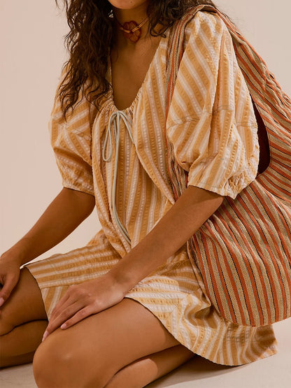 Striped Casual Loose Deep V Wide-leg Romper