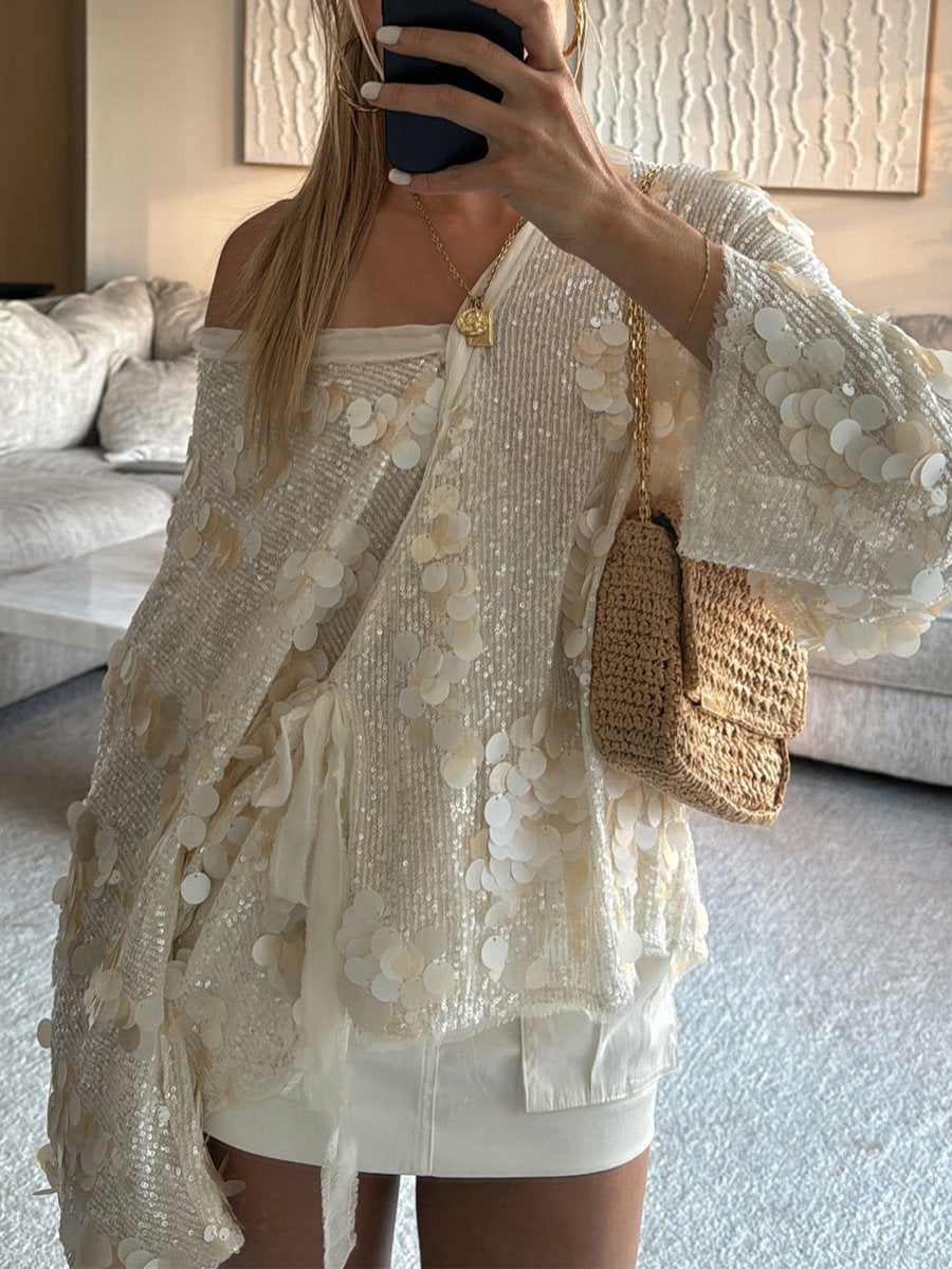 Casual V Neck Sequin Loose Jacket Kimono