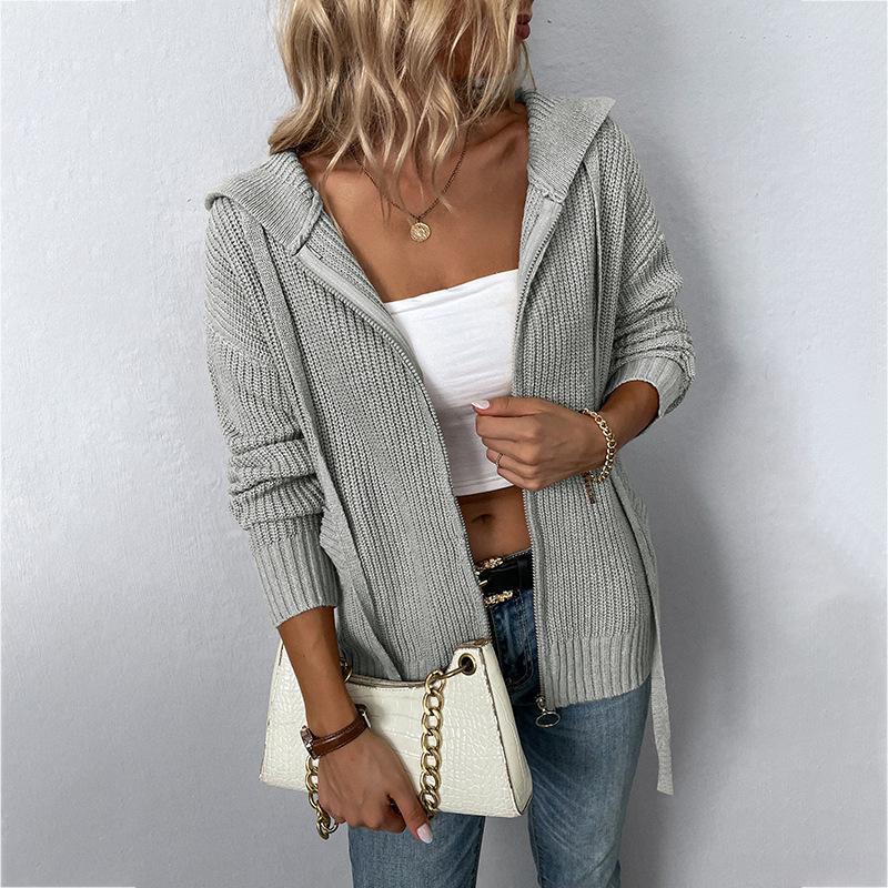 Solid Color Hooded Knit Cardigan