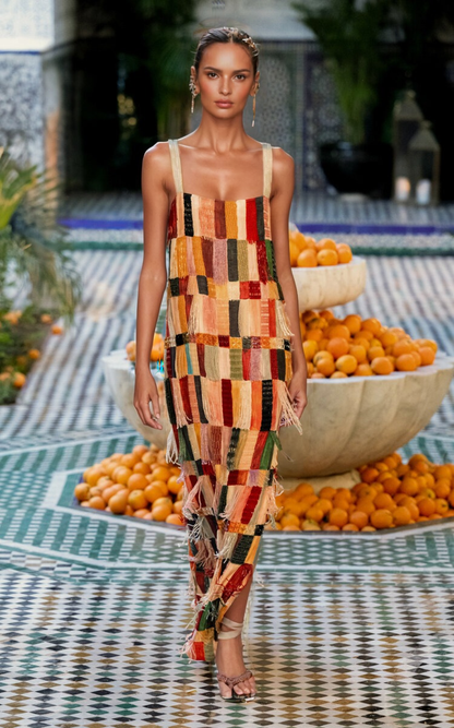 Fringed Embellished Silk Midi Dress
