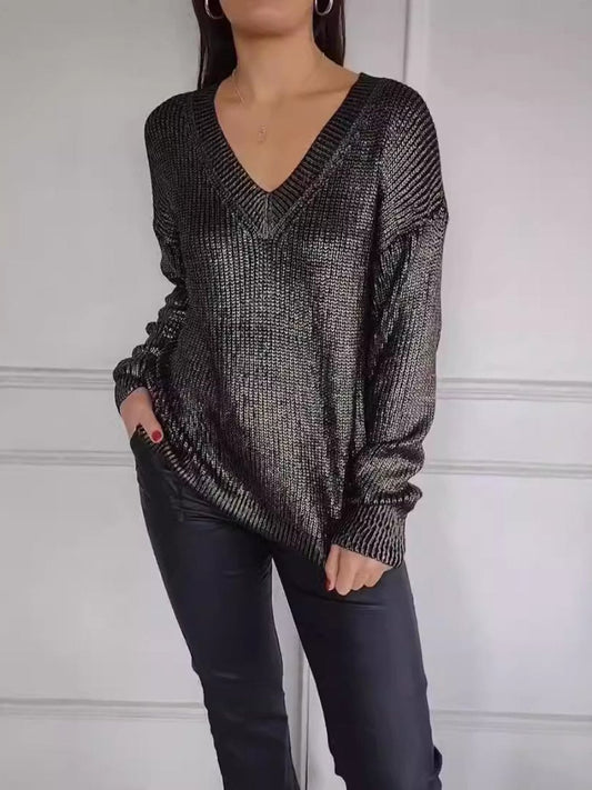 Fashion Knitted V-neck Shiny Sweater