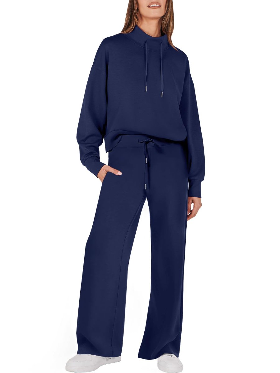 Drawstring Sweatshirt Wide Leg Sweatpant Lounge Set Tracksuit